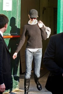 Nicole Kidman arrives at the filming set of Nine wearing denim pants and tall black boots