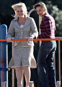 Amy Poehler and Rashida Jones at the filming set of Public Service