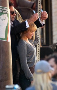 Hayden Panettiere with actor Adrian Pasdar while filming a new epsiode of heroes