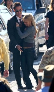 Hayden Panettiere with actor Adrian Pasdar while filming a new epsiode of heroes