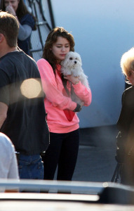 Miley Cyrus hugging a puppy on the film set in the Valley on Friday January 30th, 2009