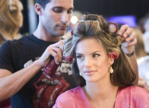 Alessandra Ambrosio getting ready for the fashion show