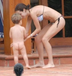 Gabriela Bo in a bikini with her son