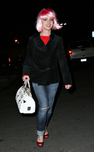 Britney Spears in a pink wig and red matching top and flats returning to her home late at night - old pictures January 2008