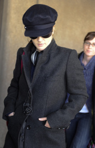 Drew Barrymore arrives at Los Angeles Airport wearing a double chest gray coat and a woolen kashmir hat on February 9th 2009 1