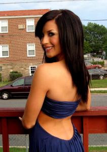 Joanna Pacitti wearing a navy blue backless dress