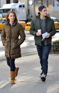 Aaron Tveit and Holley Fain arrive on the set of the tv show Gossip Girl on February 13th 2009