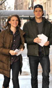 Aaron Tveit and Holley Fain arrive on the set of the tv show Gossip Girl on February 13th 2009