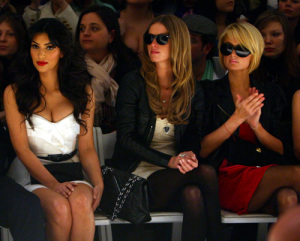 Kim Kardashian with Nicky Hilton and Paris Hilton at the Tracy Reese fashion show