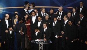 Freida Pinto and Dev Patel with Director Danny Boyle together with all the Slumdog Millionaire team on stage of the 81st Annual Academy Awards held at The Kodak Theatre on February 22nd 2009 in Hollywood California