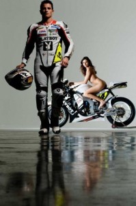 Randy de Puniet and Francesca Lukasik on the Playboy Honda Motorcycle