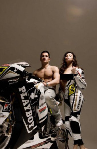 Randy de Puniet and Francesca Lakasik on the Playboy Honda Motorcycle