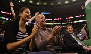 Emma Heming with Bruce Willis at the game two of the Eastern Conference Quarterfinals on April 23rd 2008 at the TD Banknorth Garden in Boston Massachusetts 1