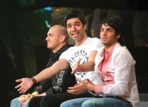 The three nominees, Yahia from Jordan, Mohamed Serag from Egypt, and Nazem from Lebanon at the Sixth Prime of LBC Star Academy season six on March 27th 2009