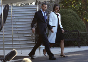 first lady Michelle Obama and President Barack Obama walking to Marine One as they depart the White House on March 31st 2009 in Washington DC