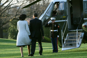 first lady Michelle Obama with President Barack Obama boarding Marine One as they depart the White House on March 31st 2009 in Washington DC