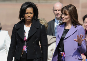 Michelle Obama with french First Lady Carla Bruni Sarkozy arrive at the restoration workshops of the Notre Dame Cathedral on April 4th 2009 in Strasbourg France 6