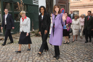 Michelle Obama with french First Lady Carla Bruni Sarkozy arrive at the restoration workshops of the Notre Dame Cathedral on April 4th 2009 in Strasbourg France 1