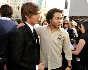 Zac Efron and Corbin Bleu at the movie premiere of 17 Again on April 14, 2009