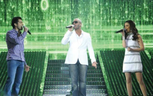 Massari with mohamed bash and lara singing on stage of staracademy6 on May 8th 2009 at the LBC Star Academy 12th prime on May 8th 2009