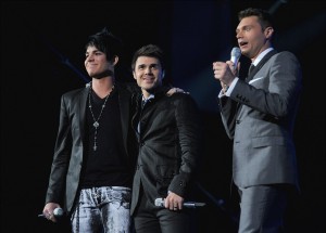 Ryan Seacrest with the final top two contestants Adam Lambert and Kris Allen at the American Idol stage on May 19th 2009