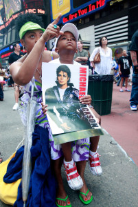 the public memorial service of Michael Jackson was watched live through giant video screens on July 7th 2009 in Times Square New York City