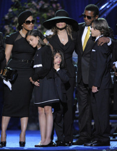 Michael Jackson's daughter Paris and family on stage during the public memorial service held at Staples Center on July 7th 2009 in Los Angeles California