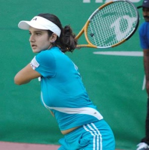 Sania Mirza during a tennis game the semifinal match agianst against russian maria kirlonko in wta hyderabad