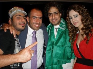 Abdul Aziz Abdel Rahman winner of star academy 6 with his friends Khawla Bin Imran and Naser Abu Lafi and teacher Wadi Abi Raed at the finale after party