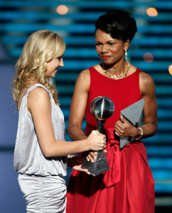 Condoleezza Rice and Olympic gold medalist Nastia Liukin recipient of the Best Female Athelete award on stage of the 17th Annual ESPY Awards