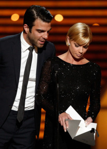 Jaime Pressly and Zachary Quinto presenting an award onstage during the 17th Annual ESPY Awards