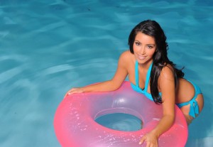 Kim Kardashian HighQuality wallpaper Photoshoot in July 2009 wearing an blue two pieces bikini inside the pool 3