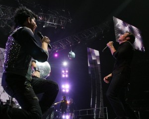 Adam Lambert on stage during the American Idol Season 8 tour with american idol winner Kris Allen 3