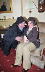 Susan Boyle photo in her home in Blackburn West Lothian on April 17th 2009 with a fan called Alan Marsh who was impersonating Groucho Marx