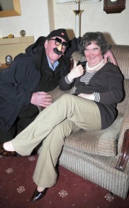 Susan Boyle photo in her home in Blackburn West Lothian on April 17th 2009 with Alan Marsh a fan who was impersonating Groucho Marx