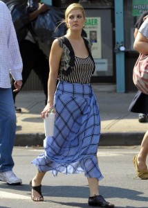 Drew Barrymore spotted wearing a blue plaid skirt on the set of her new film Going the Distance in New York on August 24th 2009 4