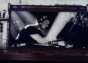 DJ AM on the video screen during the 2009 MTV Video Music Awards at Radio City Music Hall on September 13, 2009 in New York City