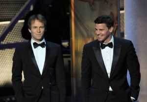 David Boreanaz and Stephen Moyer onstage presenting the Creative the Guest Actor and Actress In A Drama Series during the 61st Primetime Emmy Awards