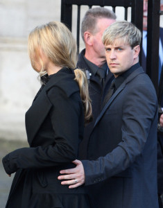 Kieran Egan of Westlife and his girlfriend Jodi Albert attend the funeral of Boyzone singer Stephen Gately at St Laurence O'Toole Church on October 17th 2009 in Dublin Ireland