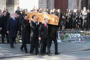 Mikey Graham and Ronan Keating carry out the coffin after the funeral of Boyzone singer Stephen Gately at St Laurence O'Toole Church on October 17th 2009 in Dublin Ireland