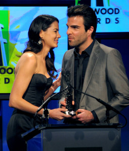 Michelle Monaghan presents the Hollywood Movie Of The Year to Zachary Quinto onstage during the 13th annual Hollywood Awards Gala Ceremony held at The Beverly Hilton Hotel on October 26th 2009 1