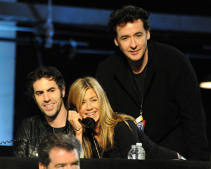 Jennifer Aniston with Sacha Baron Cohen and John Cusack at the Hope For Haiti Now telethon  held at CBS Television City January 22nd 2010 in Los Angeles