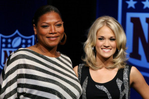 Queen Latifah and Carrie Underwood during the Pregame Show and National Anthem Press Conference held at the Fort Lauderdale Convention Center on February 4th 2010 in Fort Lauderdale Florida 7