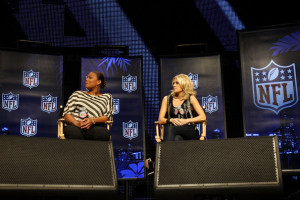 Queen Latifah and Carrie Underwood during the Pregame Show and National Anthem Press Conference held at the Fort Lauderdale Convention Center on February 4th 2010 in Fort Lauderdale Florida 8