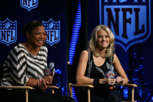 Queen Latifah and Carrie Underwood during the Pregame Show and National Anthem Press Conference held at the Fort Lauderdale Convention Center on February 4th 2010 in Fort Lauderdale Florida 2