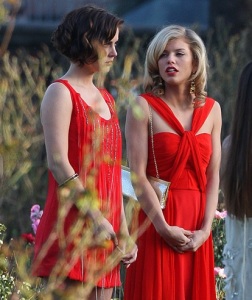 AnnaLynne McCord and Jessica Stroup wearing stylish red dresses on the filming set of 90201 on February 12th 2010 in Los Angeles California 3