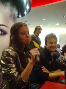 Lara Scandar with producer Jean Marie Riachi at Laras Mission is You launch event held on February 3rd 2010 at Virgin Mega Stores in Cairo Egypt talking to the press