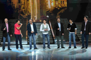 star academy fouth prime on March 12th 2010 picture of Al forsan Al Arbaa singing with Basel Khoury from jordan and Ryan Eid and Rami Chemali from Lebanon