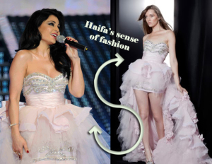 haifa Wehbe fashion diva photo while at star academy seven prime wearing a light pink layered dress