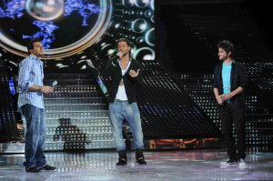 picture on April 9th 2010 from the 8th prime of Star Academy seven of Fadi Andrawos singing on stage with Basel Khoury and Nassif Zaitoun